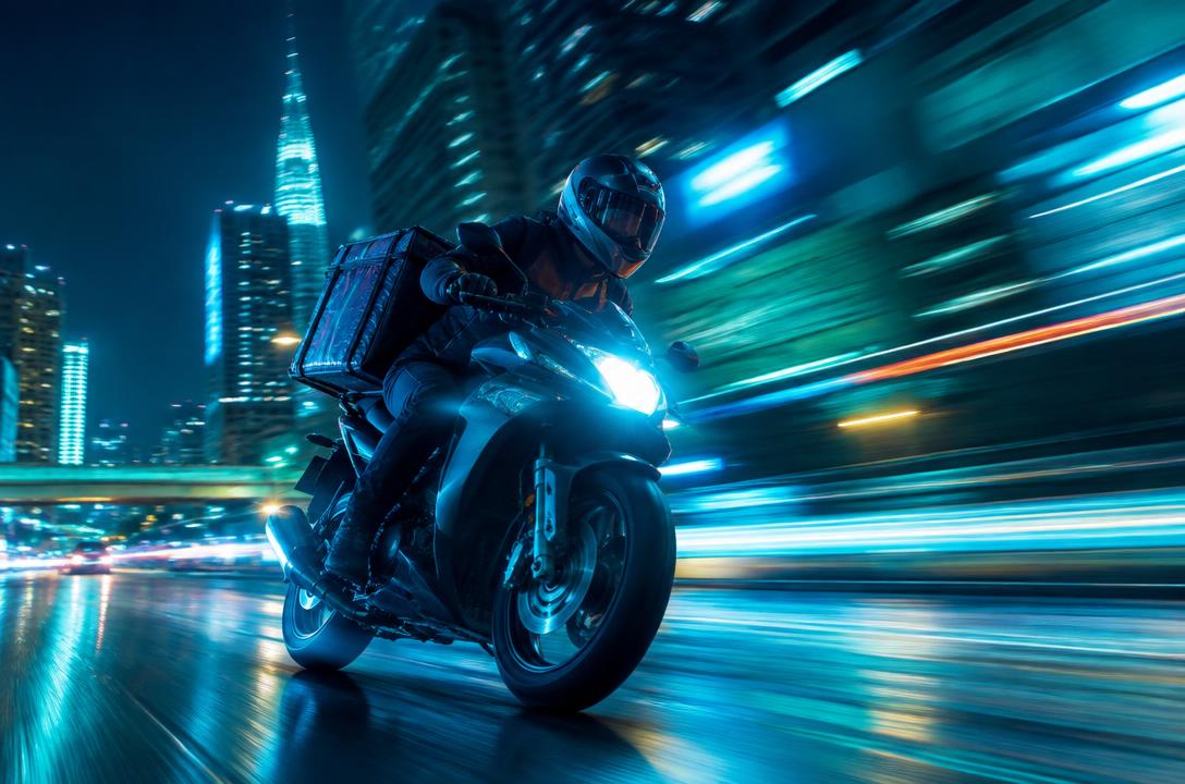 A Proper Delivery courier speeding through neon city streets at night